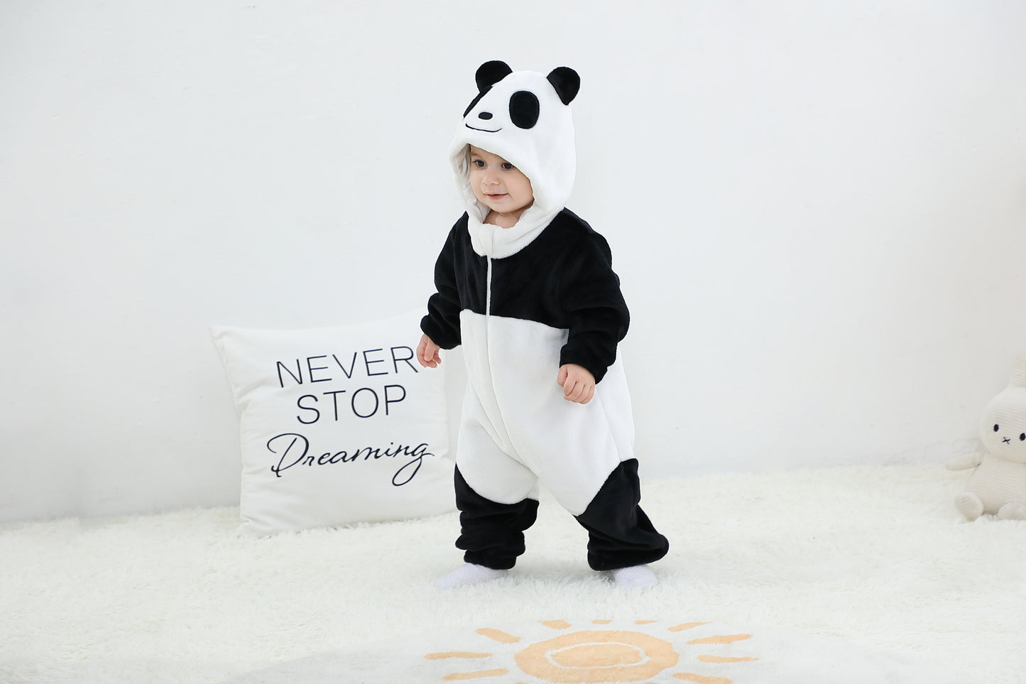 Cozy Cartoon Animal Baby Costume - Soft, Warm, and Adorable Flannel Romper with Hoodie and Zipper for Easy Diaper Changes-Black & White