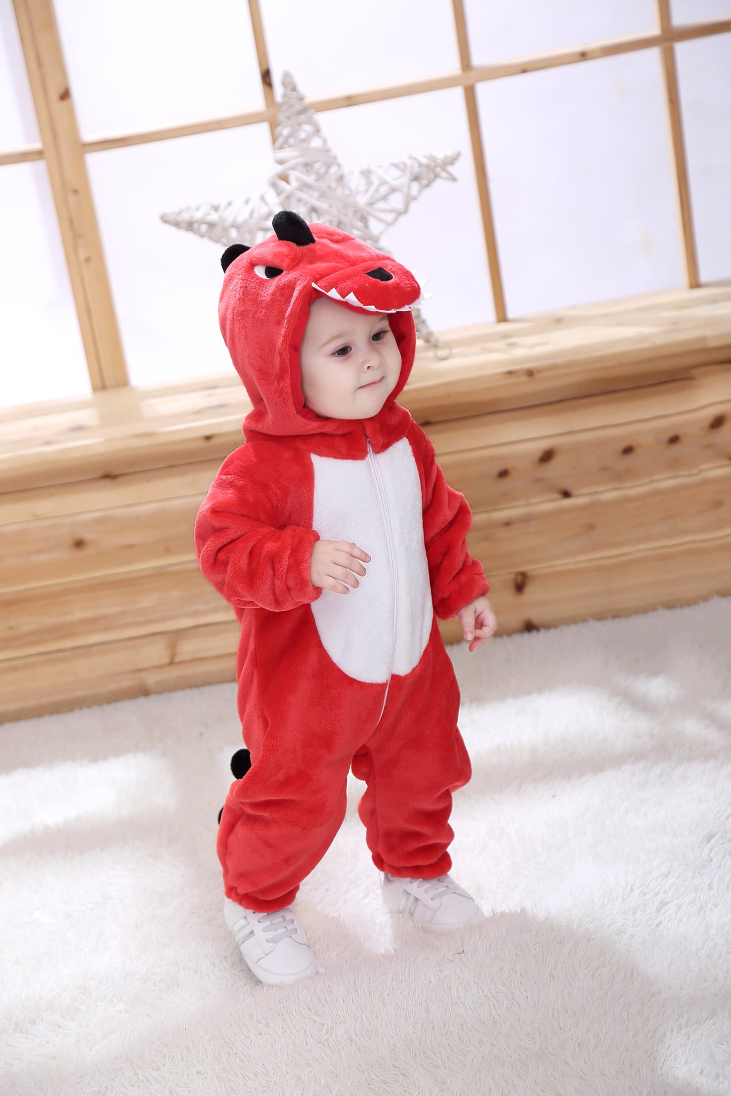 Cozy Cartoon Animal Baby Costume - Soft, Warm, and Adorable Flannel Romper with Hoodie and Zipper for Easy Diaper Changes- Red & White