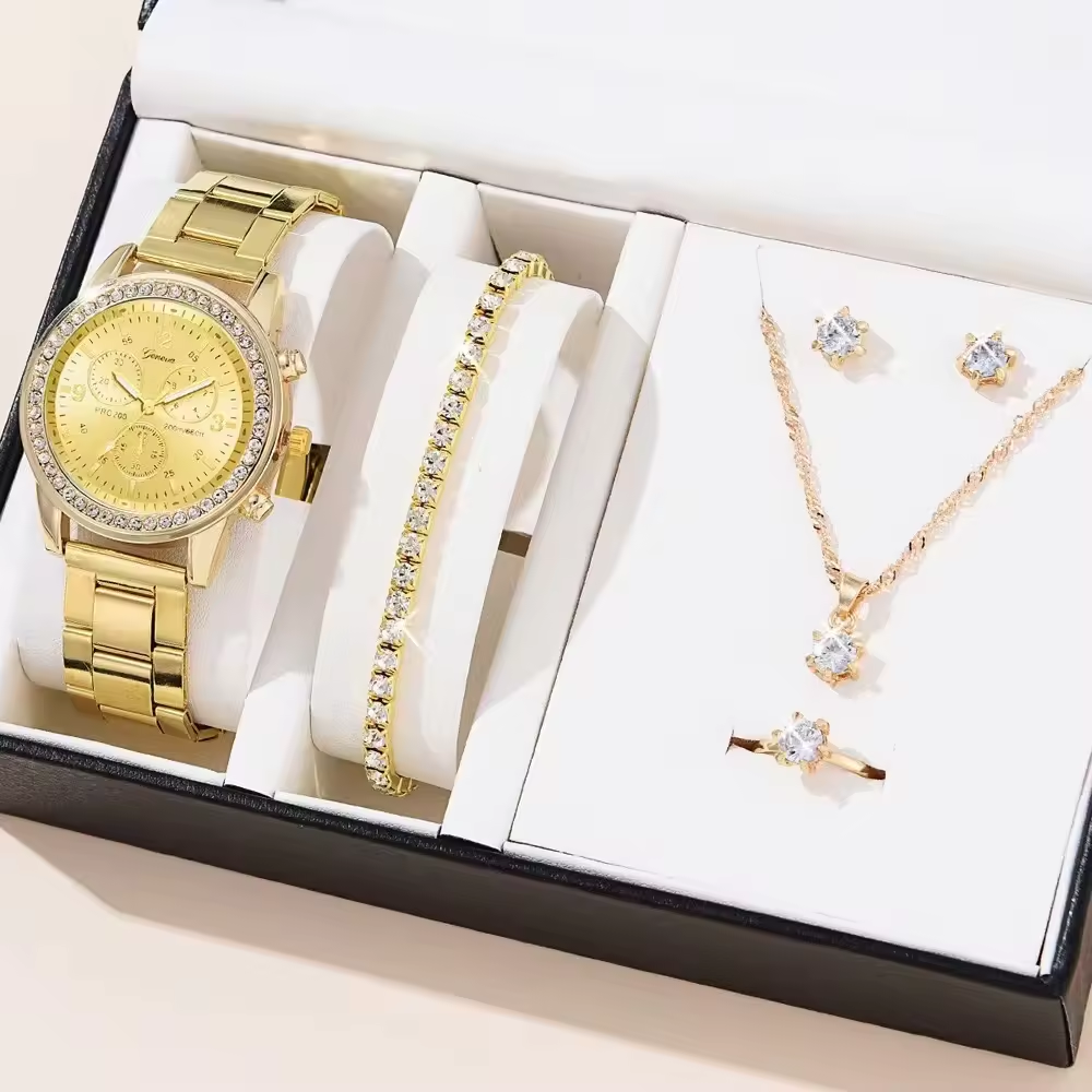 Golden Harmony: Coordinated Watch, Earrings, Bracelet, Ring & Necklace Set