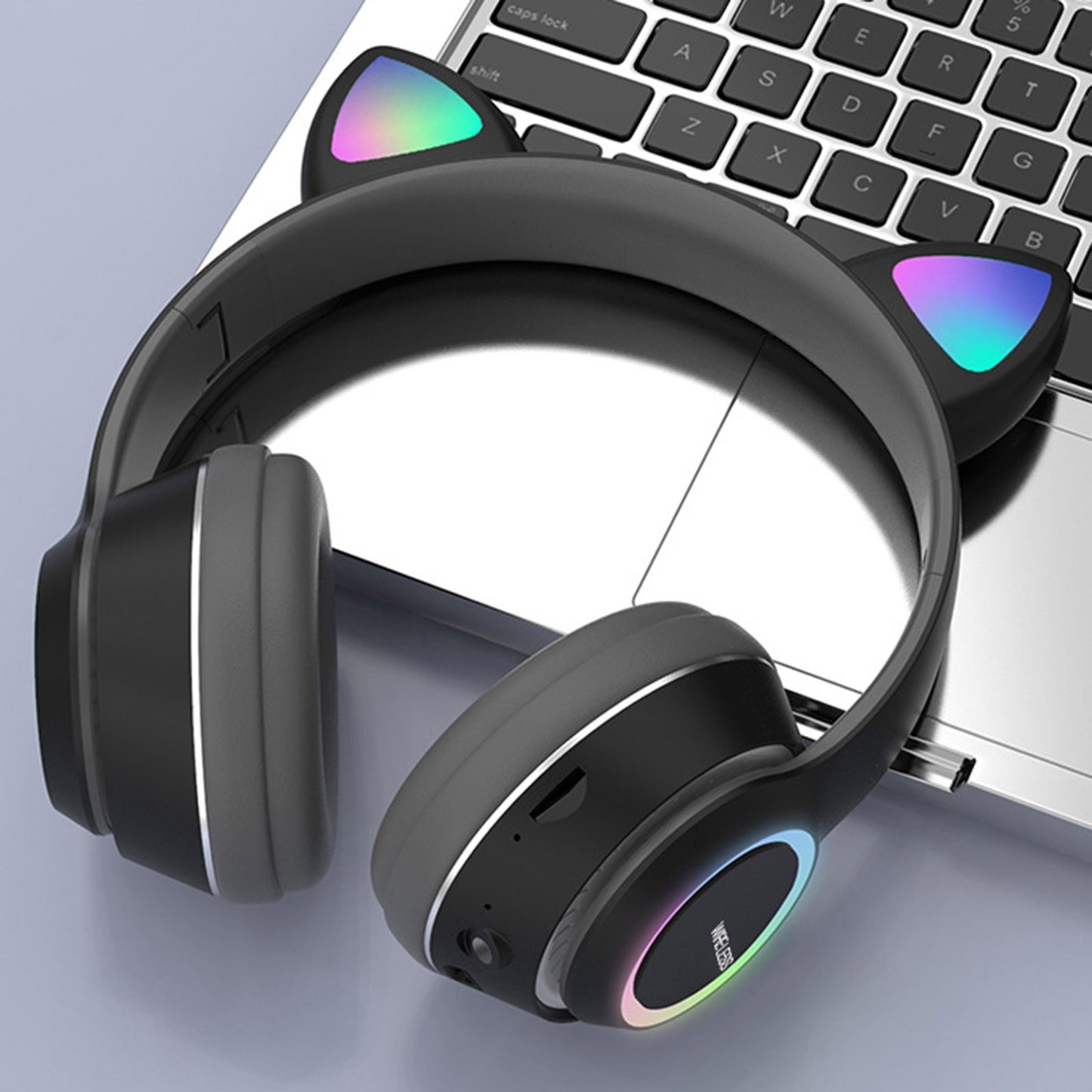Wireless Music Headset Glowing Cat Ear Headphones 7 Color LED Lights, - Blue
