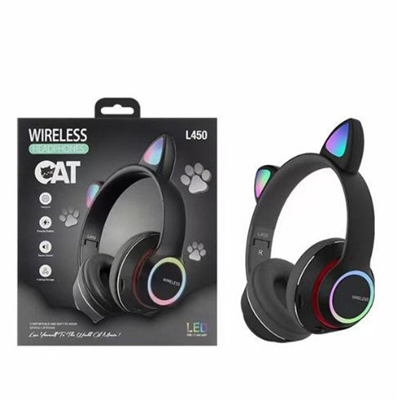 Wireless Music Headset Glowing Cat Ear Headphones 7 Color LED Lights, - Blue