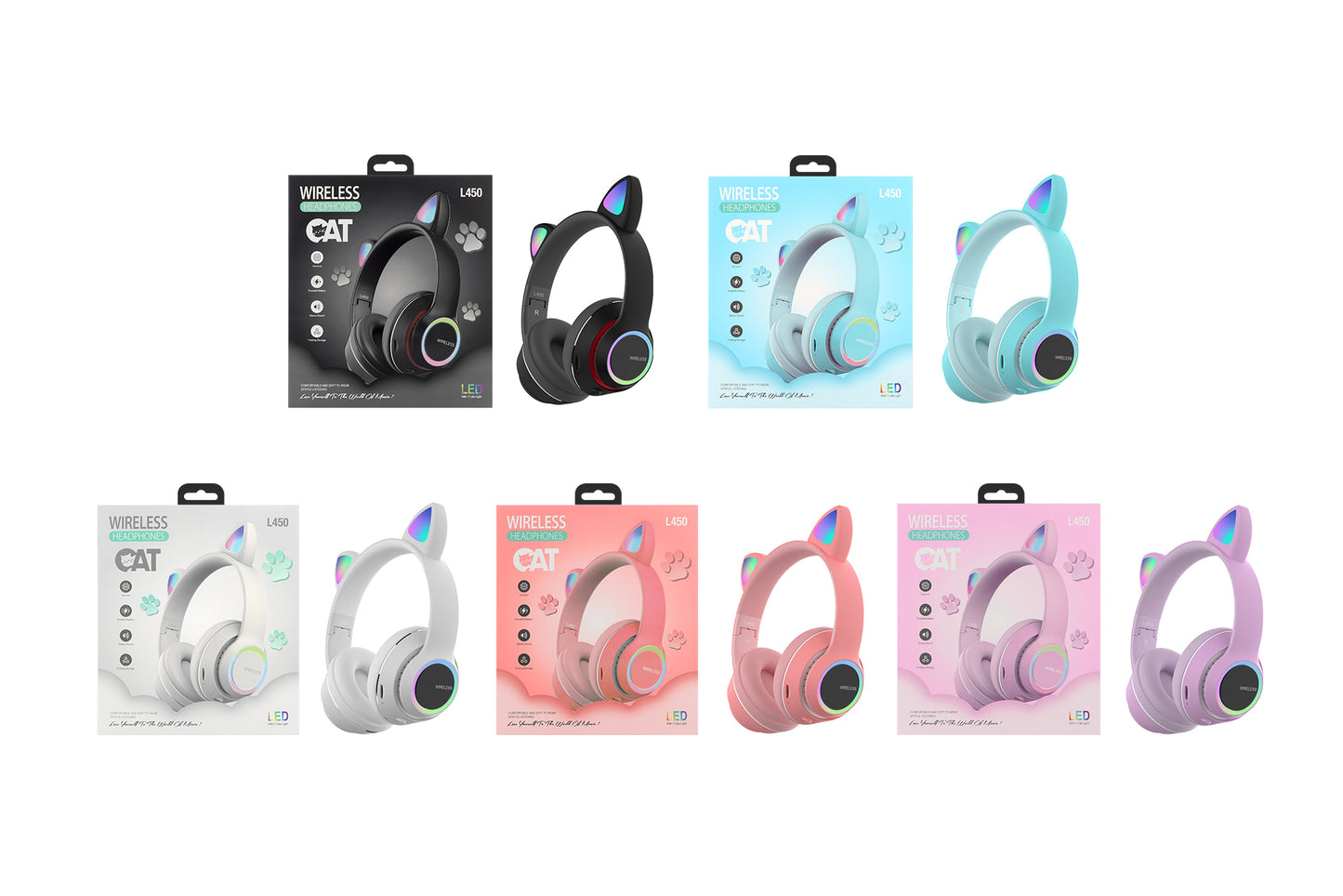 Wireless Music Headset Glowing Cat Ear Headphones 7 Color LED Lights, - Blue