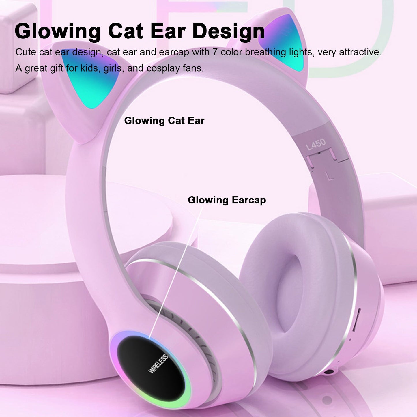 Wireless Music Headset Glowing Cat Ear Headphones 7 Color LED Lights, - Blue