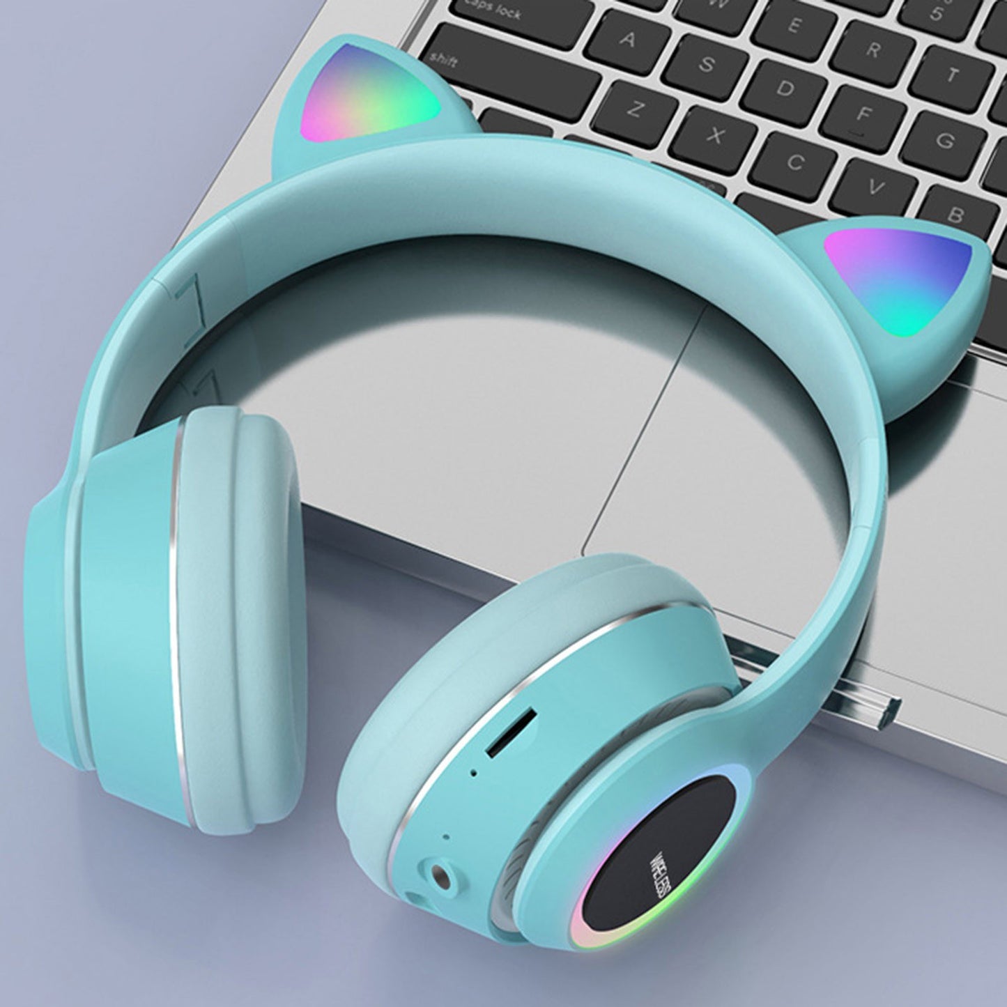 Wireless Music Headset Glowing Cat Ear Headphones 7 Color LED Lights, - Blue