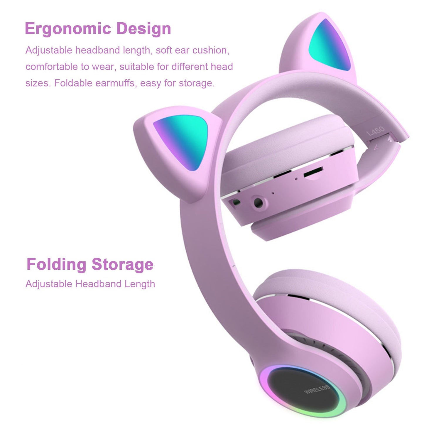 Wireless Music Headset Glowing Cat Ear Headphones 7 Color LED Lights, - Blue