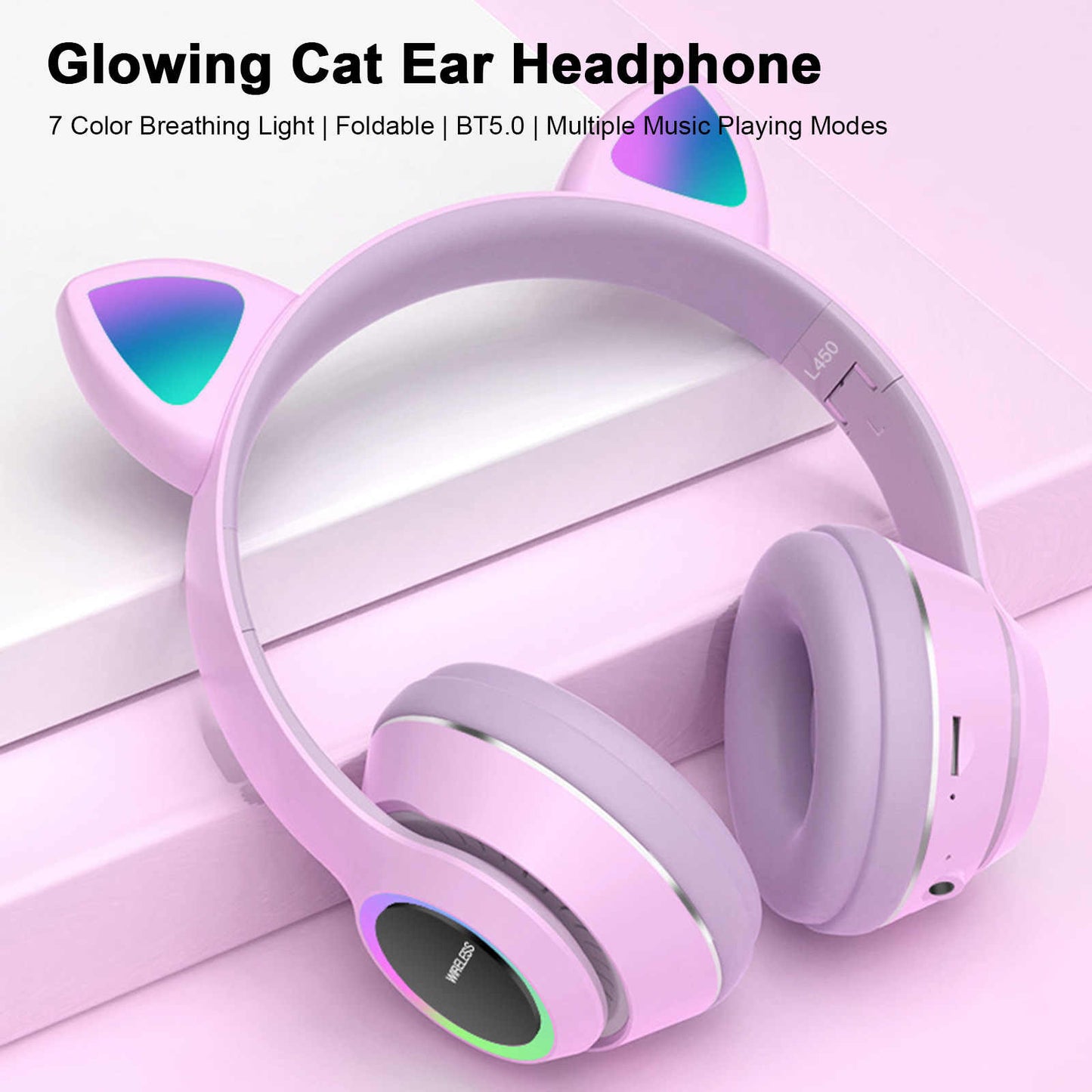 Wireless Music Headset Glowing Cat Ear Headphones 7 Color LED Lights, - Blue