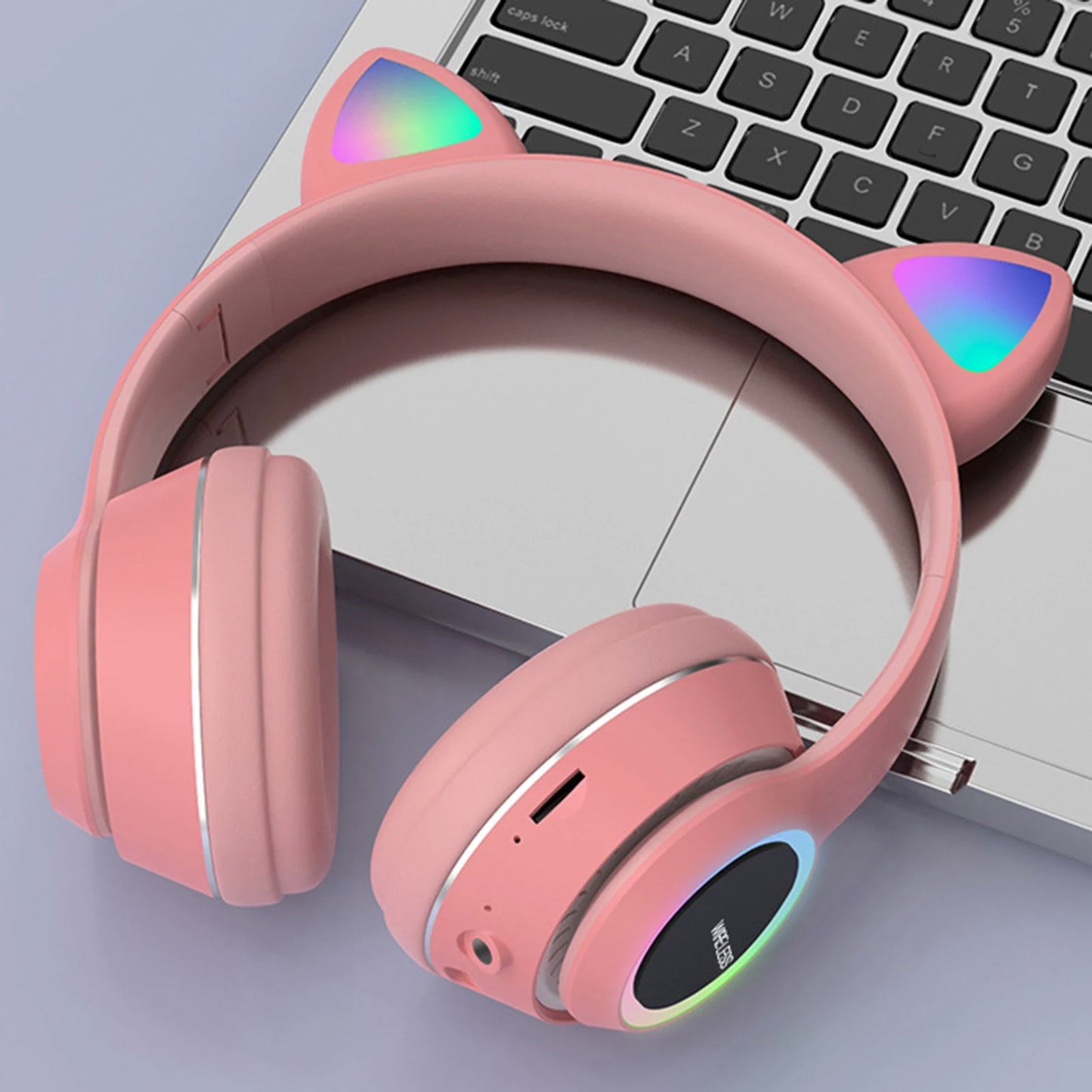 Wireless Music Headset Glowing Cat Ear Headphones 7 Color LED Lights, - Blue