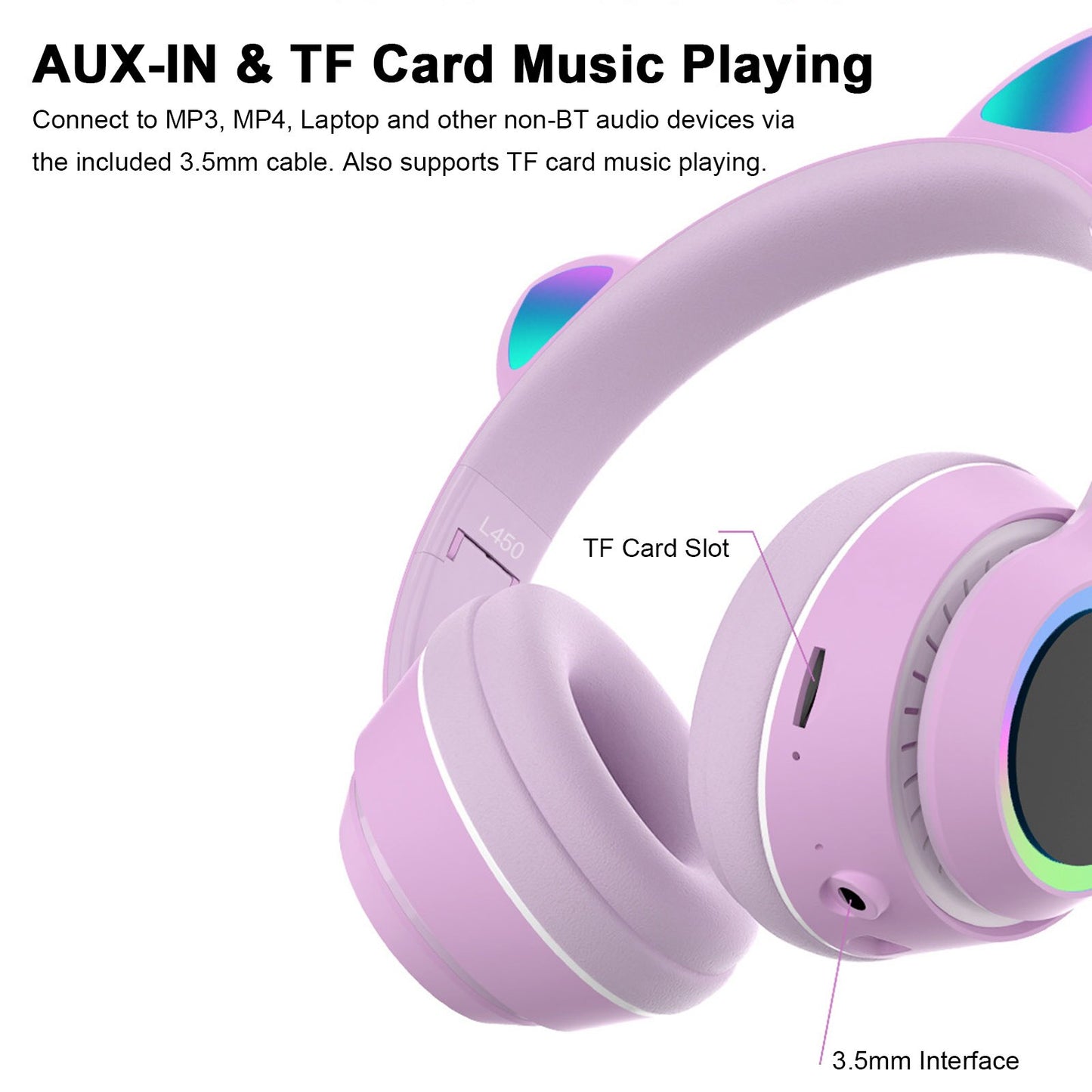 Wireless Music Headset Glowing Cat Ear Headphones 7 Color LED Lights, - Blue