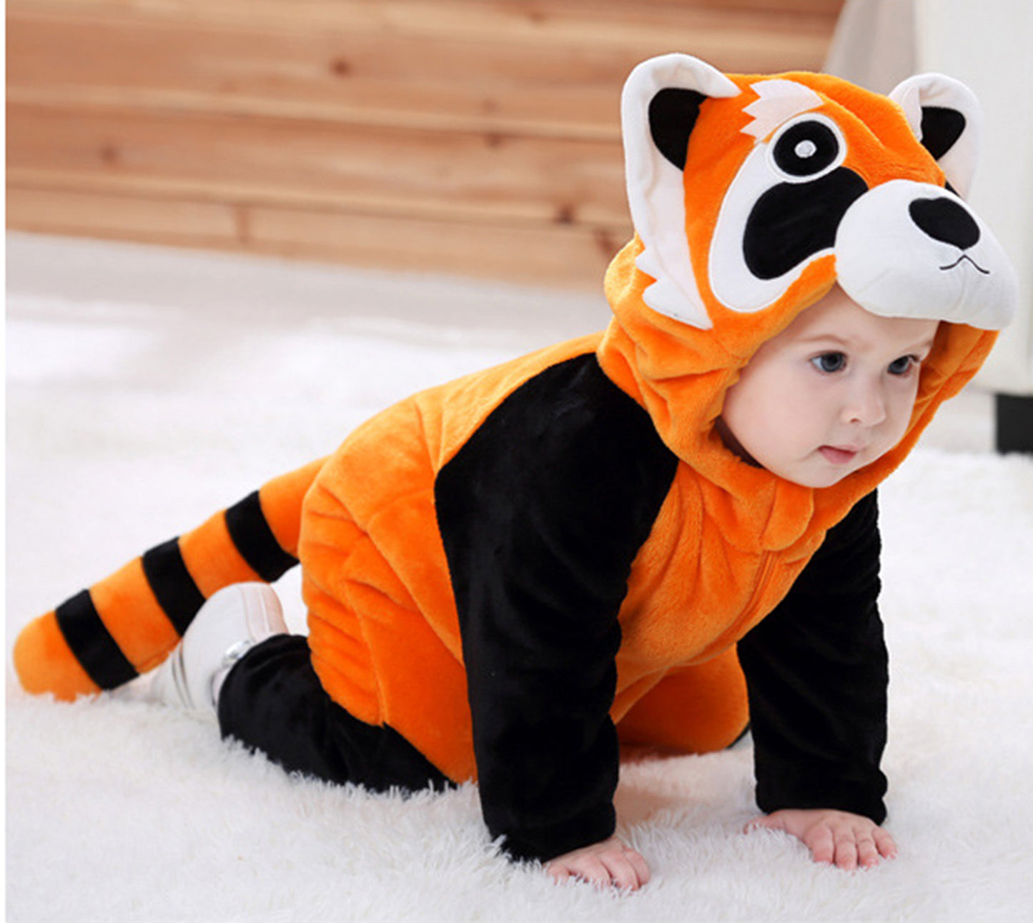 Cozy Cartoon Animal Baby Costume - Soft, Warm, and Adorable Flannel Romper with Hoodie and Zipper for Easy Diaper Changes- Orange & Black