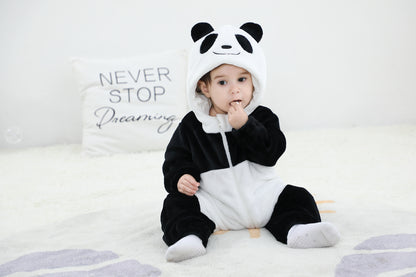 Cozy Cartoon Animal Baby Costume - Soft, Warm, and Adorable Flannel Romper with Hoodie and Zipper for Easy Diaper Changes-Black & White