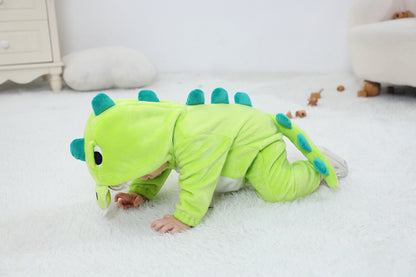 Cozy Cartoon Animal Baby Costume - Soft, Warm, and Adorable Flannel Romper with Hoodie and Zipper for Easy Diaper Changes-L-Geen & White