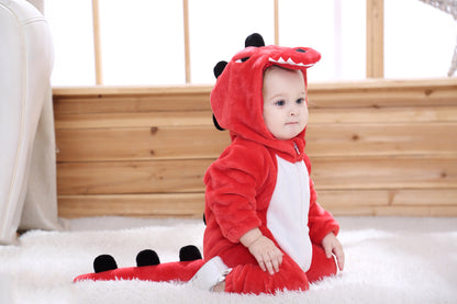 Cozy Cartoon Animal Baby Costume - Soft, Warm, and Adorable Flannel Romper with Hoodie and Zipper for Easy Diaper Changes- Red & White
