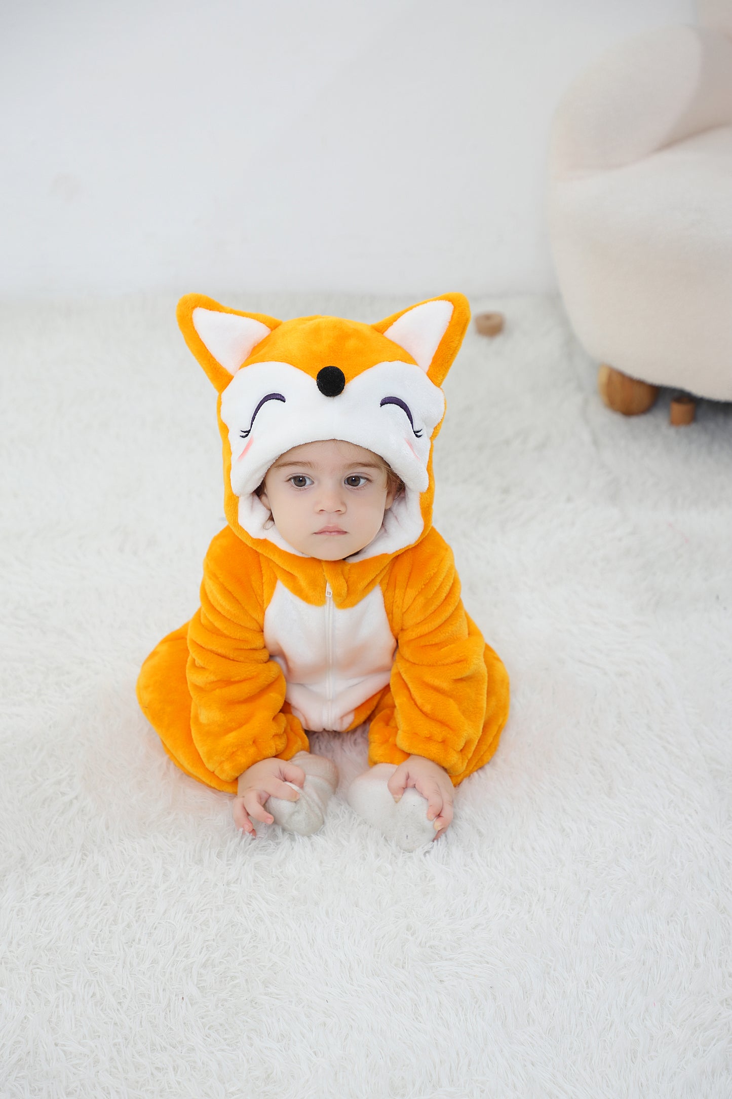 Cozy Cartoon Animal Baby Costume - Soft, Warm, and Adorable Flannel Romper with Hoodie and Zipper for Easy Diaper Changes-Orange & White