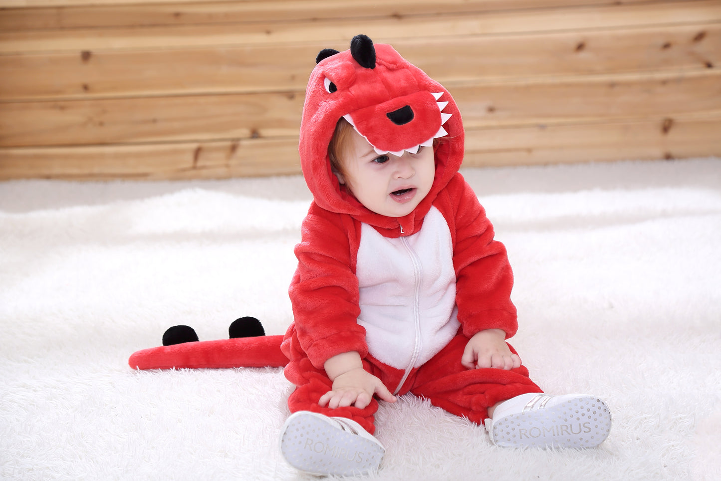 Cozy Cartoon Animal Baby Costume - Soft, Warm, and Adorable Flannel Romper with Hoodie and Zipper for Easy Diaper Changes- Red & White