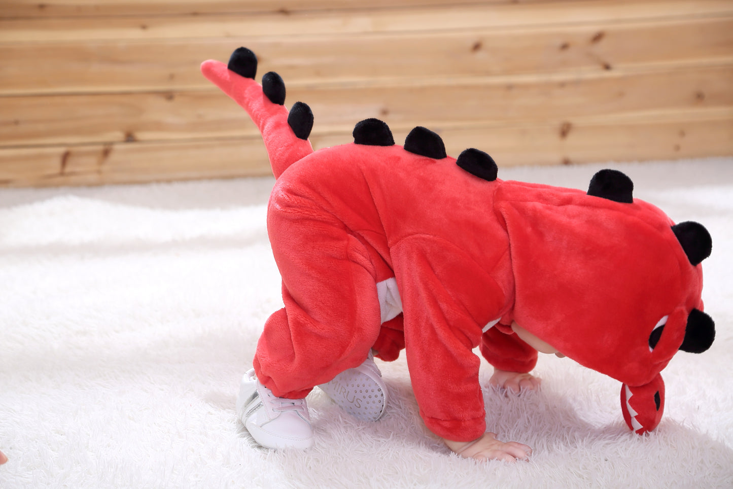 Cozy Cartoon Animal Baby Costume - Soft, Warm, and Adorable Flannel Romper with Hoodie and Zipper for Easy Diaper Changes- Red & White