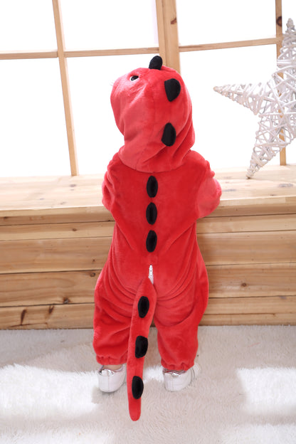 Cozy Cartoon Animal Baby Costume - Soft, Warm, and Adorable Flannel Romper with Hoodie and Zipper for Easy Diaper Changes- Red & White