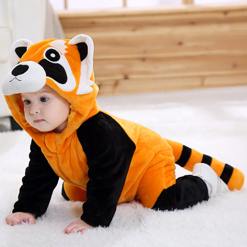 Cozy Cartoon Animal Baby Costume - Soft, Warm, and Adorable Flannel Romper with Hoodie and Zipper for Easy Diaper Changes- Orange & Black
