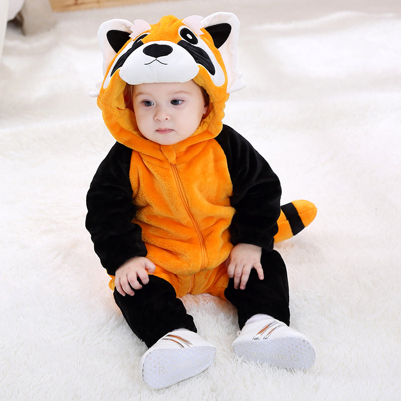 Cozy Cartoon Animal Baby Costume - Soft, Warm, and Adorable Flannel Romper with Hoodie and Zipper for Easy Diaper Changes- Orange & Black