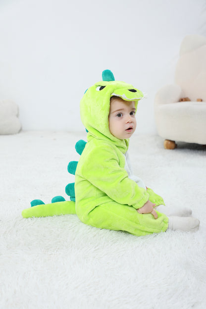 Cozy Cartoon Animal Baby Costume - Soft, Warm, and Adorable Flannel Romper with Hoodie and Zipper for Easy Diaper Changes-L-Geen & White