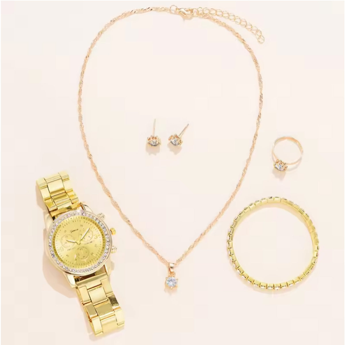 Golden Harmony: Coordinated Watch, Earrings, Bracelet, Ring & Necklace Set