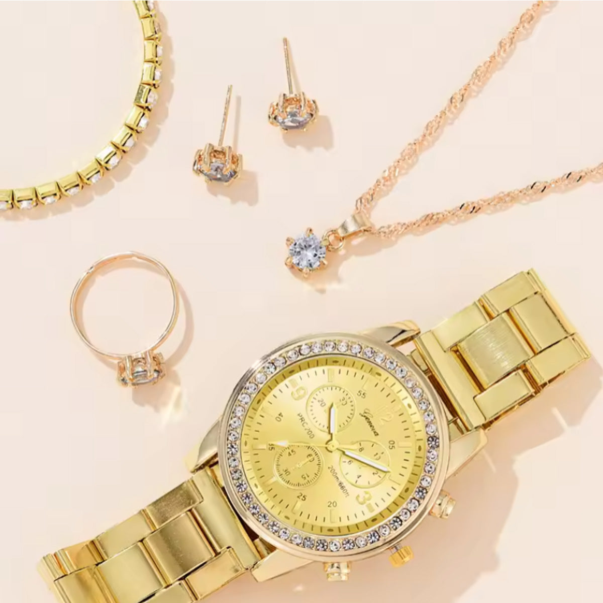 Golden Harmony: Coordinated Watch, Earrings, Bracelet, Ring & Necklace Set