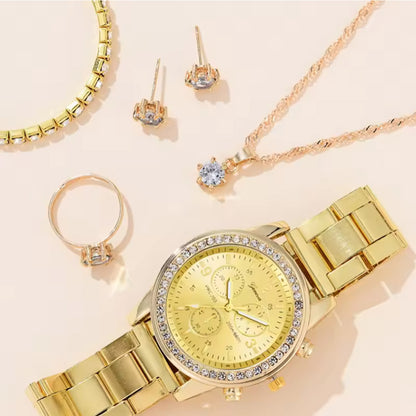 Golden Harmony: Coordinated Watch, Earrings, Bracelet, Ring & Necklace Set