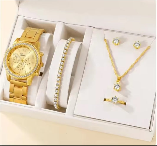 Golden Harmony: Coordinated Watch, Earrings, Bracelet, Ring & Necklace Set