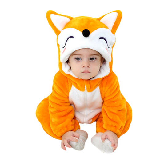 Cozy Cartoon Animal Baby Costume - Soft, Warm, and Adorable Flannel Romper with Hoodie and Zipper for Easy Diaper Changes-Orange & White