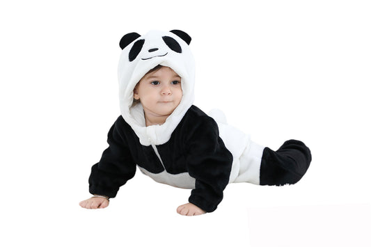 Cozy Cartoon Animal Baby Costume - Soft, Warm, and Adorable Flannel Romper with Hoodie and Zipper for Easy Diaper Changes-Black & White