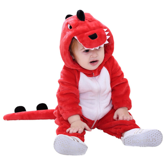 Cozy Cartoon Animal Baby Costume - Soft, Warm, and Adorable Flannel Romper with Hoodie and Zipper for Easy Diaper Changes- Red & White