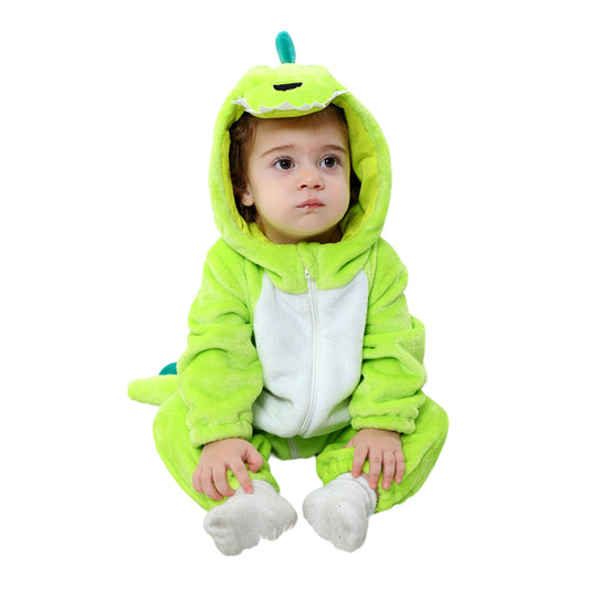 Cozy Cartoon Animal Baby Costume - Soft, Warm, and Adorable Flannel Romper with Hoodie and Zipper for Easy Diaper Changes-L-Geen & White