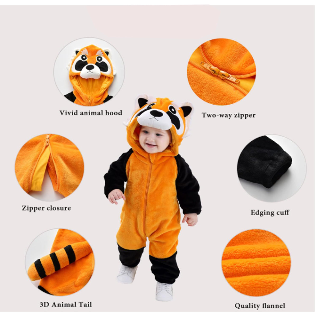 Cozy Cartoon Animal Baby Costume - Soft, Warm, and Adorable Flannel Romper with Hoodie and Zipper for Easy Diaper Changes- Orange & Black