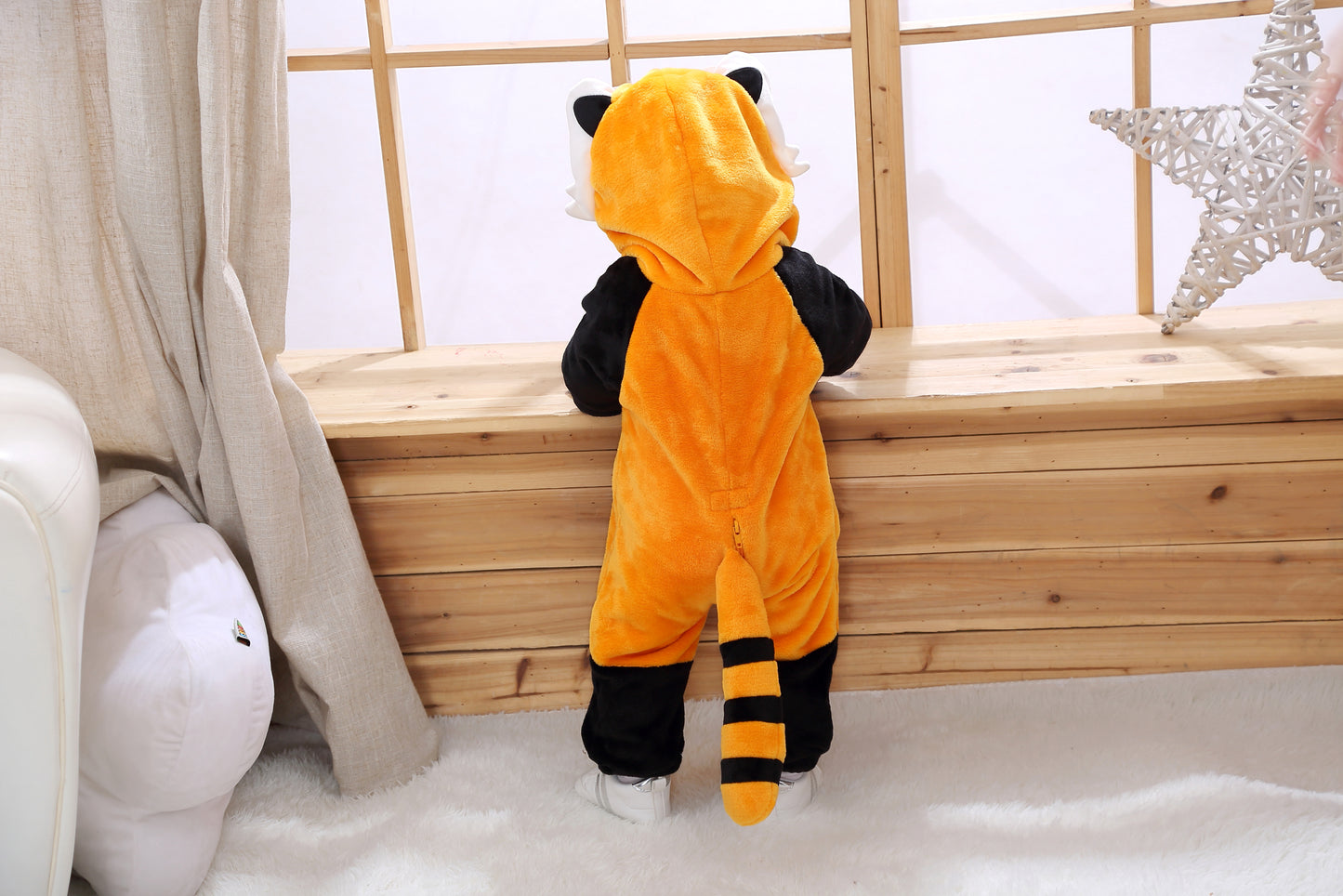 Cozy Cartoon Animal Baby Costume - Soft, Warm, and Adorable Flannel Romper with Hoodie and Zipper for Easy Diaper Changes- Orange & Black