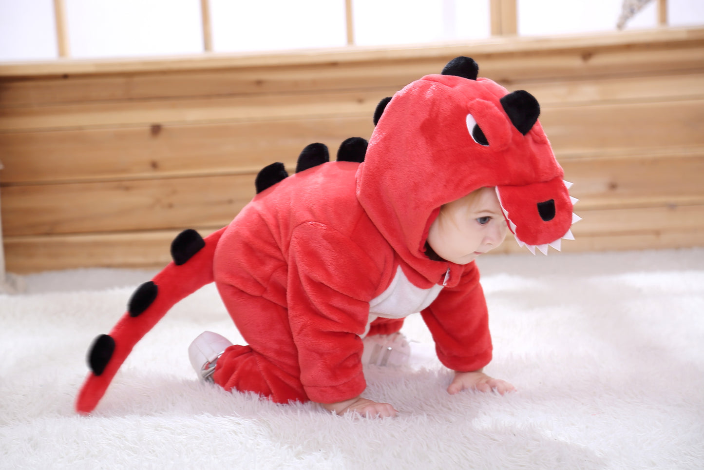 Cozy Cartoon Animal Baby Costume - Soft, Warm, and Adorable Flannel Romper with Hoodie and Zipper for Easy Diaper Changes- Red & White