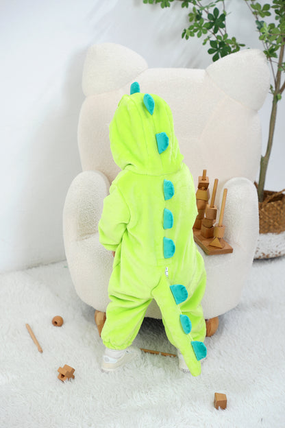 Cozy Cartoon Animal Baby Costume - Soft, Warm, and Adorable Flannel Romper with Hoodie and Zipper for Easy Diaper Changes-L-Geen & White