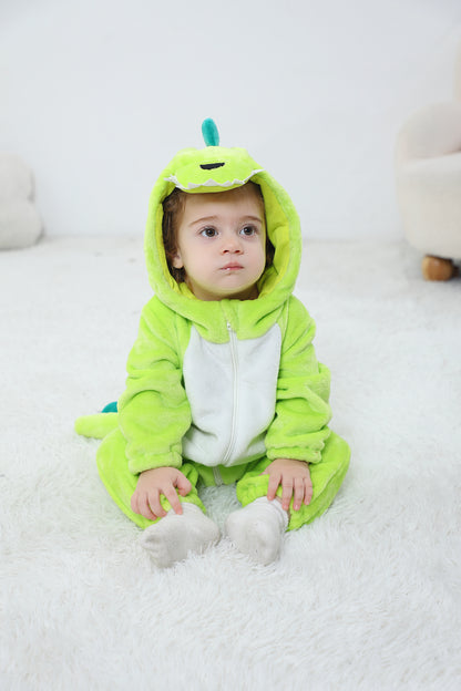 Cozy Cartoon Animal Baby Costume - Soft, Warm, and Adorable Flannel Romper with Hoodie and Zipper for Easy Diaper Changes-L-Geen & White