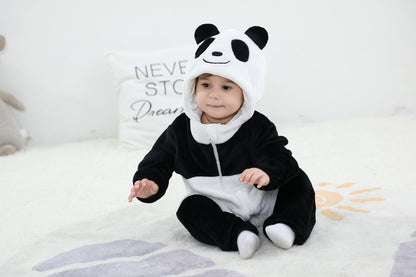 Cozy Cartoon Animal Baby Costume - Soft, Warm, and Adorable Flannel Romper with Hoodie and Zipper for Easy Diaper Changes-Black & White