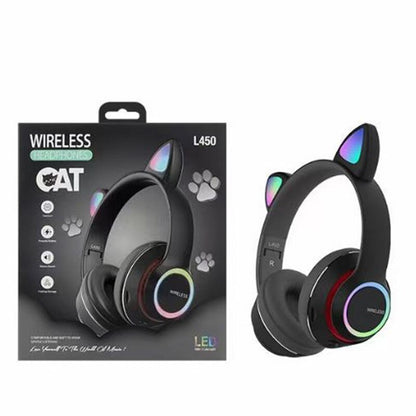 Wireless Music Headset Glowing Cat Ear Headphones 7 Color LED Lights, - Blue