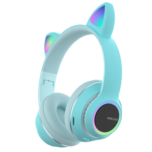 Wireless Music Headset Glowing Cat Ear Headphones 7 Color LED Lights, - Blue