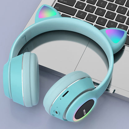 Wireless Music Headset Glowing Cat Ear Headphones 7 Color LED Lights, - Blue