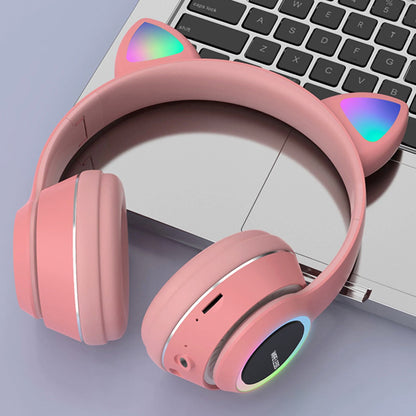 Wireless Music Headset Glowing Cat Ear Headphones 7 Color LED Lights, - Blue